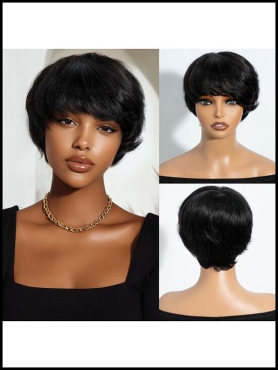 Glueless Human Hair Layered Pixie Cut Wig with Bangs Lightweight Breathable